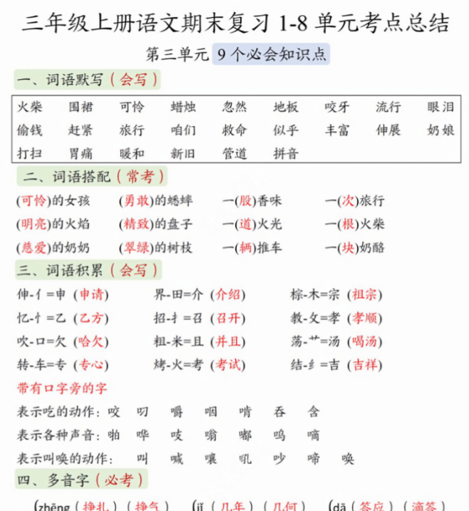 三（上）语文 1-8单元考点总结-开学吧