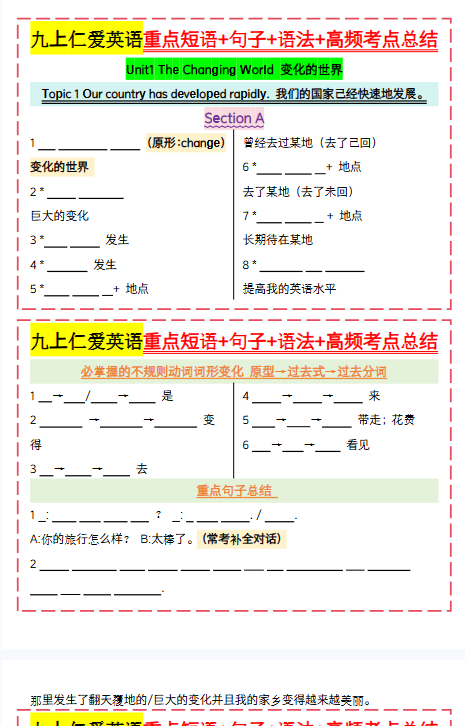 【仁爱版初中九上英语精品小纸条】【高清无水印版本】-开学吧