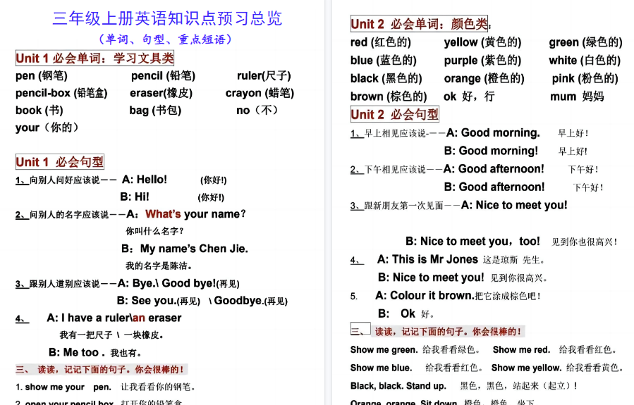 【4页高清完整版】三上【知识点预习总览】三上英语-小初高学习资料下载_真题试卷 - 开学吧资料库