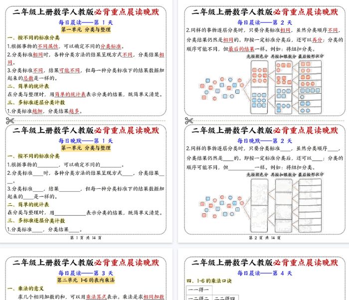 【高清14页整理】二年级（上）数学晨读晚默综合每日一练-开学吧