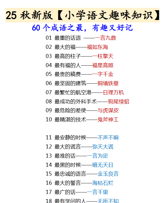 【2025秋新版】【小学语文趣味知识】 60个成语之最，有趣又好记-开学吧