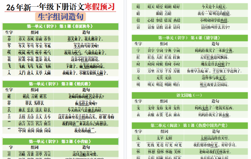 【2026春13页完整版】一（下）语文寒假预习生字组词造句-小初高学习资料下载_真题试卷 - 开学吧资料库