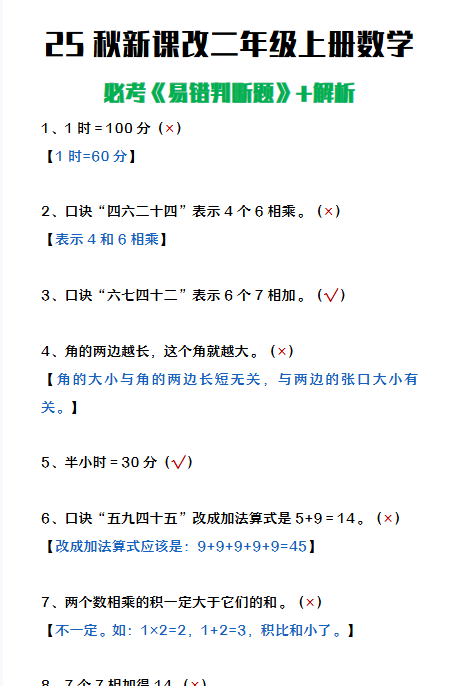 【2025秋新版】二年级上册数学《易错判断题》含解析-开学吧