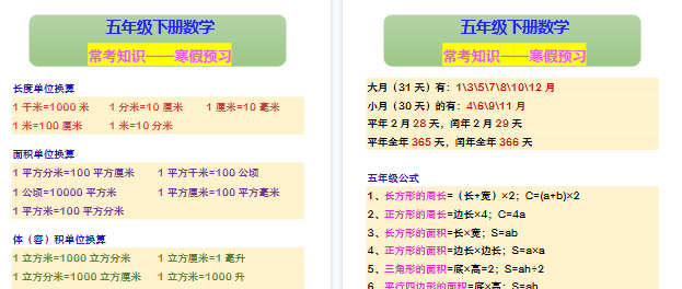 【2026寒假2页】五年级下册数学 常考知识——寒假预习-小初高学习资料下载_真题试卷 - 开学吧资料库