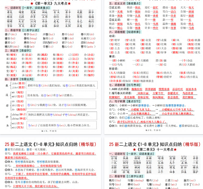 【22页完整版】【新二上语文1-8单元知识点汇总（精华版）期末九大考点-开学吧