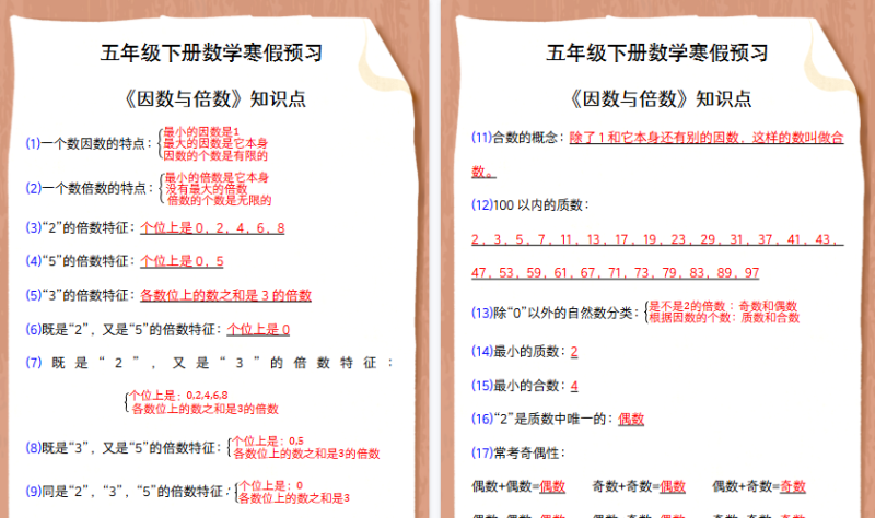 【2026寒假4页】五年级下册数学寒假预习 《因数与倍数》知识点-小初高学习资料下载_真题试卷 - 开学吧资料库