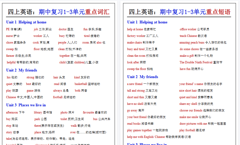 【9页高清完整版】四年级上册英语期中复习知识点-小初高学习资料下载_真题试卷 - 开学吧资料库