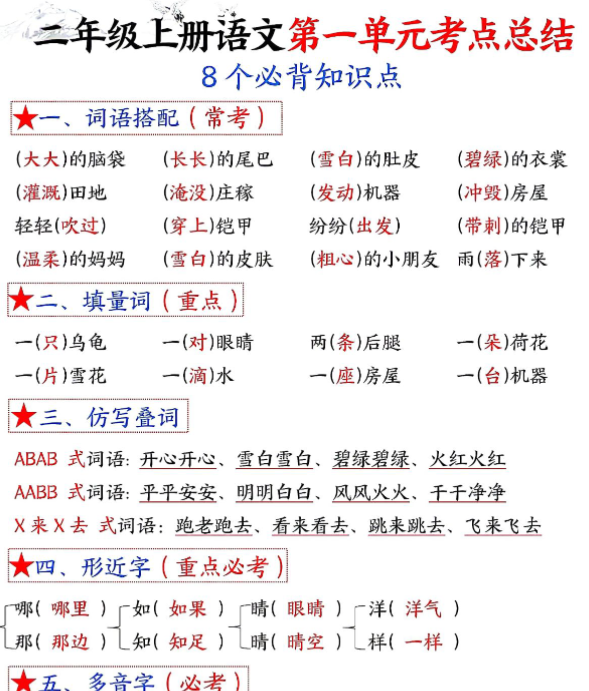 二年级上册语文1-8单元考点默写答案-开学吧