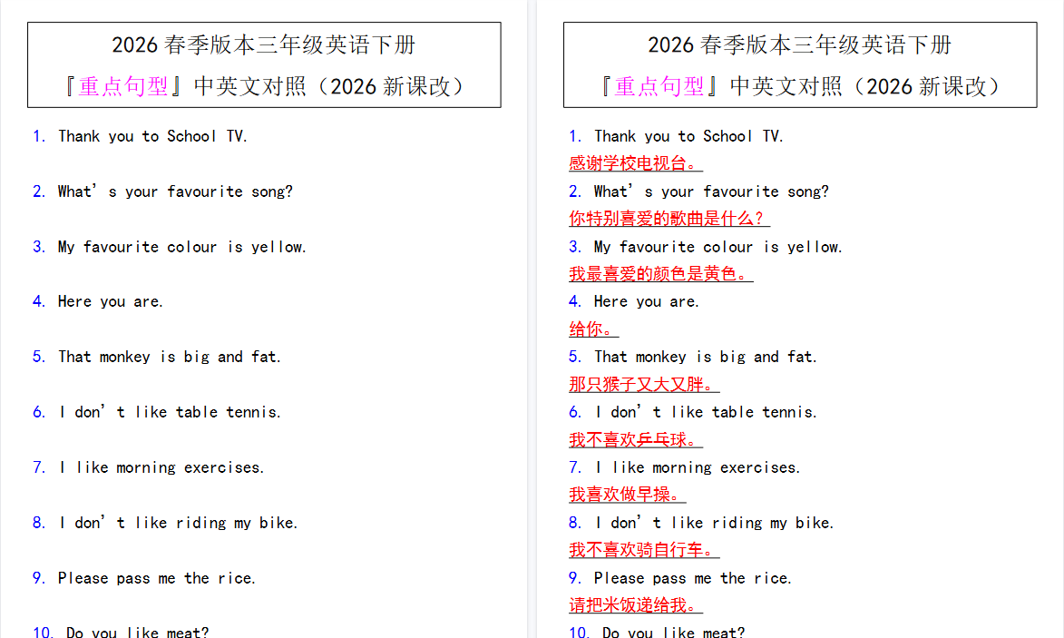 2026春新版三年级英语下册『重点句型』中英文对照-小初高学习资料下载_真题试卷 - 开学吧资料库