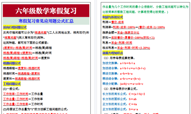 【2026寒假3页】六年级数学寒假复习常见应用题公式汇总-小初高学习资料下载_真题试卷 - 开学吧资料库