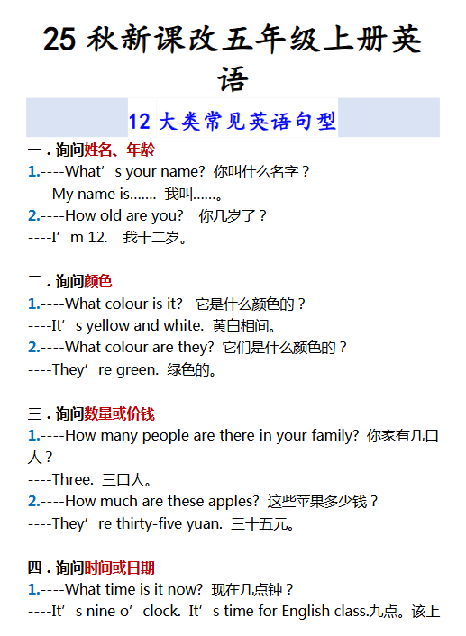 【2025秋新版】五年级上册英语 12大类常见英语句型-开学吧