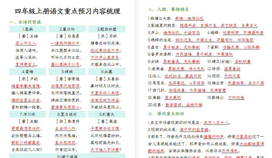 【16页高清完整版】四年级上册语文重点预习内容梳理-小初高学习资料下载_真题试卷 - 开学吧资料库