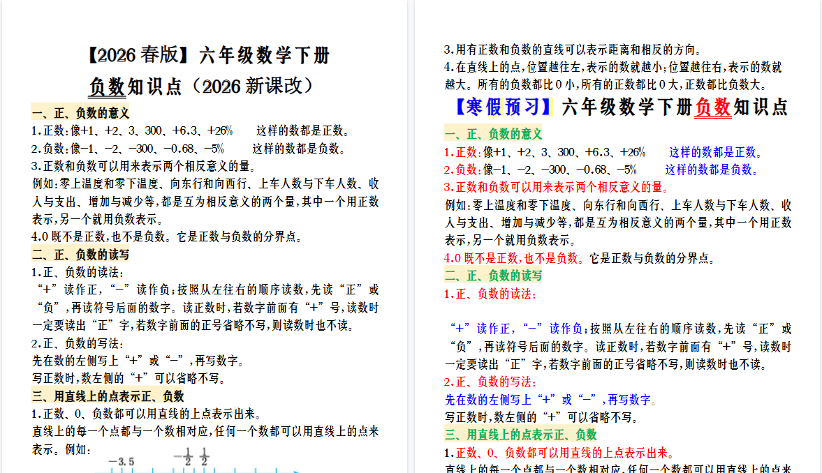 2026春新版【寒假预习】六年级数学下册负数知识点-小初高学习资料下载_真题试卷 - 开学吧资料库