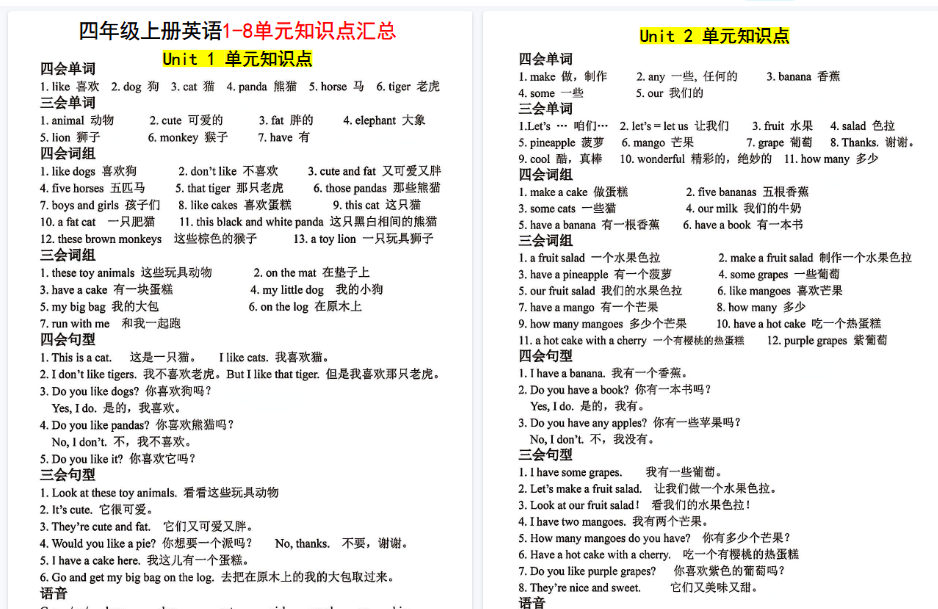 【8页高清完整版】四年级上册英语1-8单元知识点汇总-小初高学习资料下载_真题试卷 - 开学吧资料库