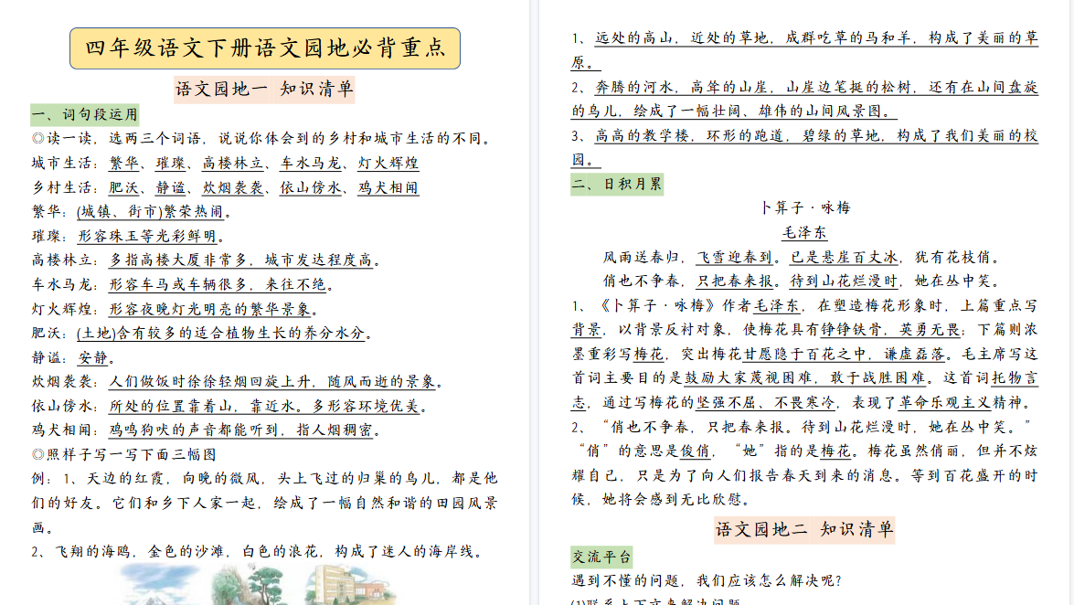 【2026春21页完整版】【语文园地必背重点考点总结】四下语文-小初高学习资料下载_真题试卷 - 开学吧资料库