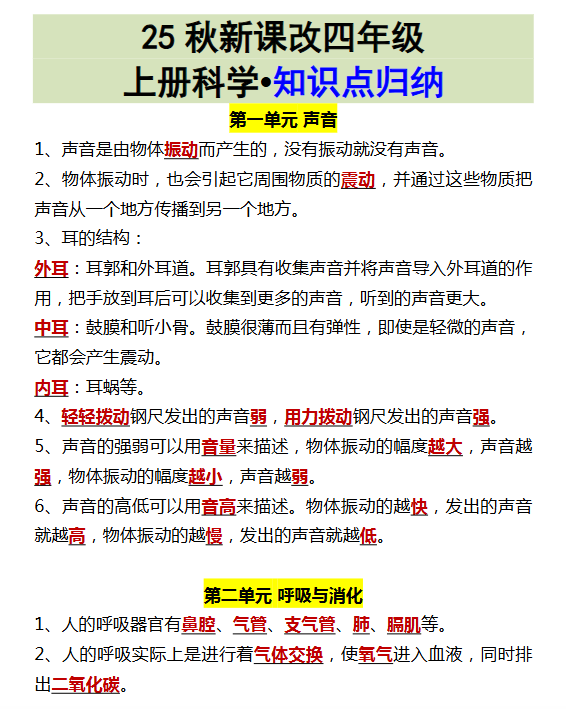 【2025秋新版】四年级上册科学•知识点归纳-开学吧