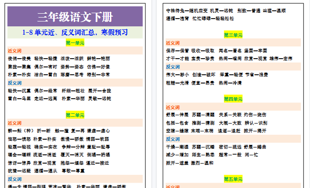 【2026寒假4页】三年级语文下册1-8单元近、反义词汇总，寒假预习-小初高学习资料下载_真题试卷 - 开学吧资料库