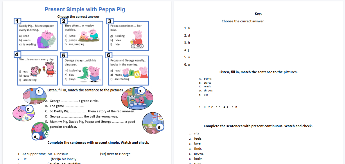 【2页高清彩色版】present-simple【完整可直接打印】小猪佩奇语法练习纸-开学吧