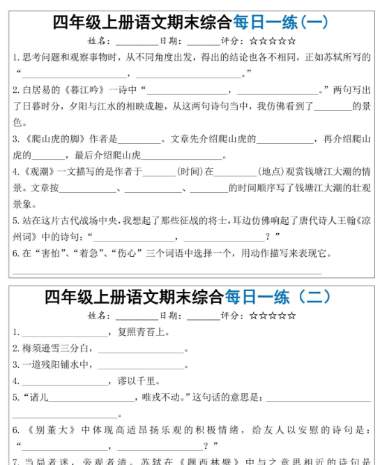 【5页完整版】四上语文期末综合每天一练（十天）-开学吧