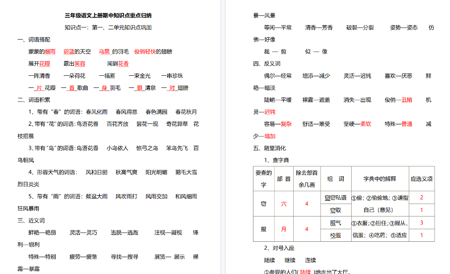 【12页高清完整版】三（上）语文【期中】知识点重点归纳-小初高学习资料下载_真题试卷 - 开学吧资料库