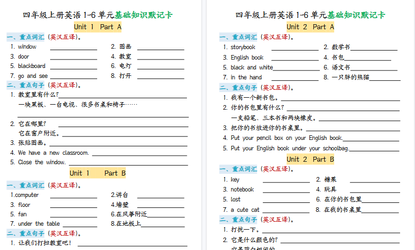 【7页高清完整版】四年级上册英语1-6单元基础知识默记卡(人教版)-小初高学习资料下载_真题试卷 - 开学吧资料库