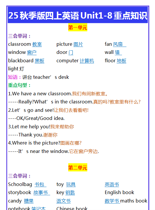 【2025秋新版】四年级上册英语Unit1-8重点知识-开学吧