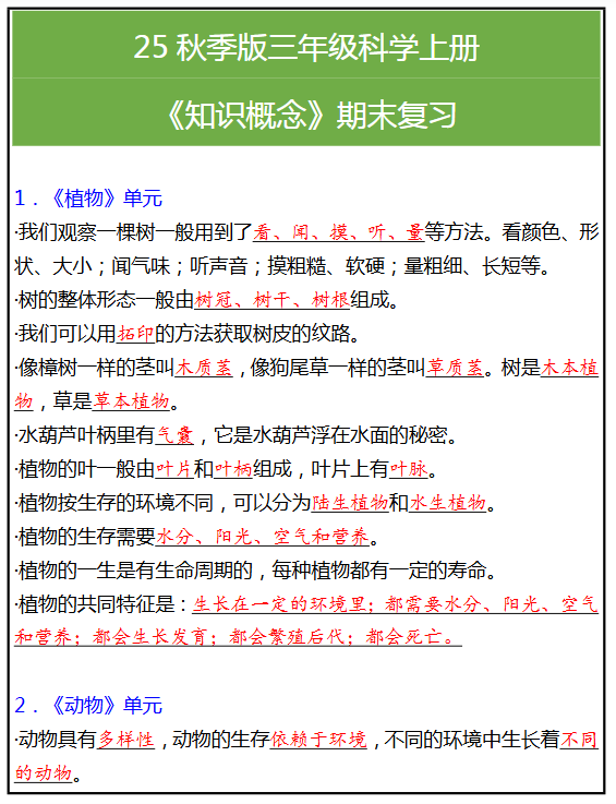 【2025秋新版】三年级科学上册《知识概念》期末复习-开学吧