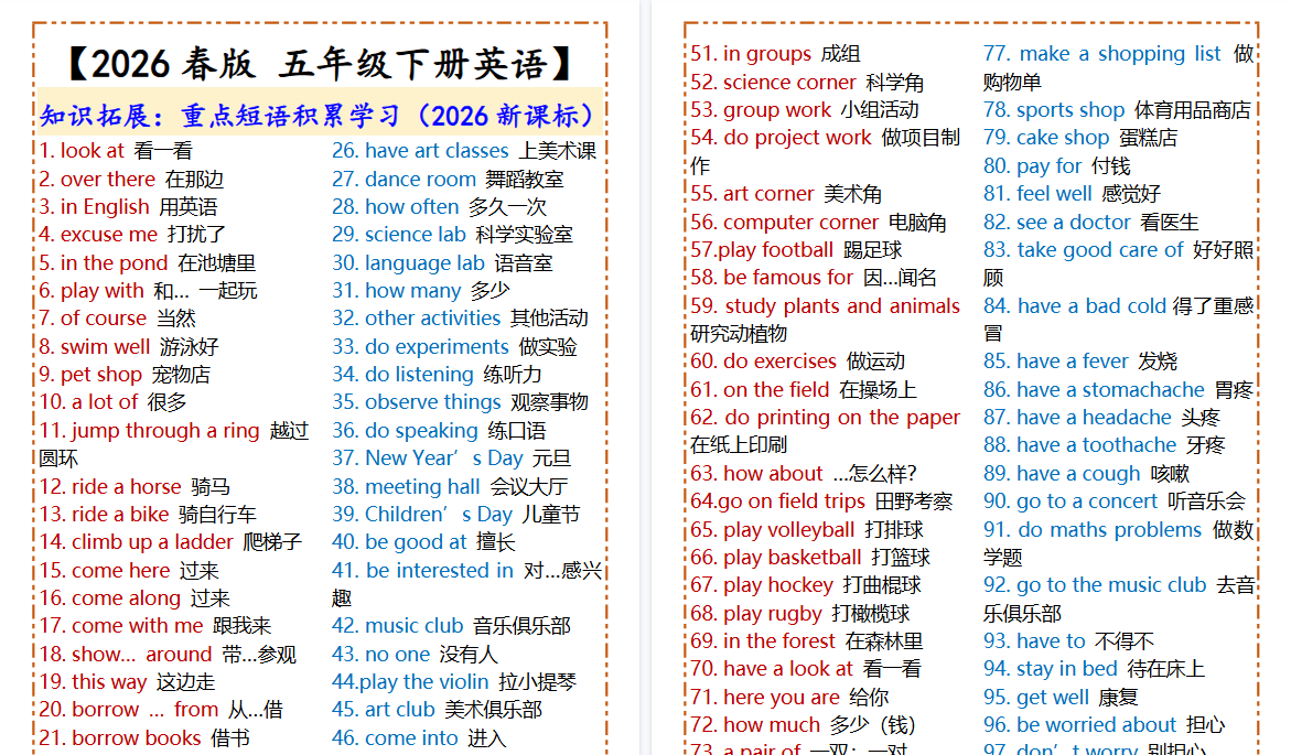 2026春新版【五年级下册英语】重点短语积累学习-小初高学习资料下载_真题试卷 - 开学吧资料库