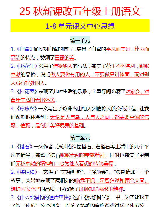 【2025秋新版】五年级上册语文 1-8单元课文中心思想-开学吧