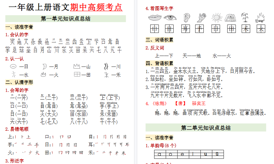 【7页高清完整版】一年级上册语文期中高频考点-小初高学习资料下载_真题试卷 - 开学吧资料库