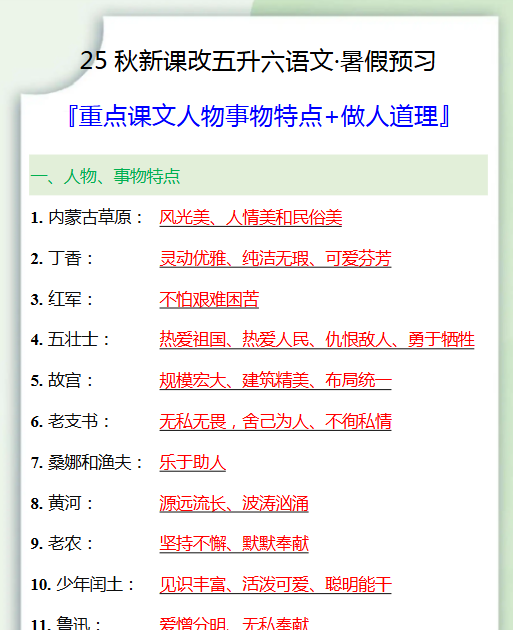 【2025秋新版】五升六重点课文人物事物特点+做人道理-开学吧