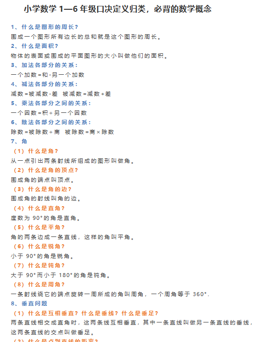 【8页新版】小学数学1—6年级小升初口决定义归类,必背的数学概念【高清完整版】-开学吧