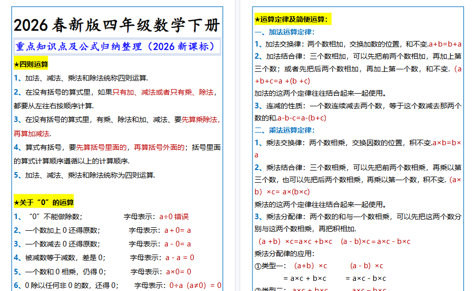 2026春新版四年级数学下册 重点知识点及公式-免费学习资料下载 - 开学吧