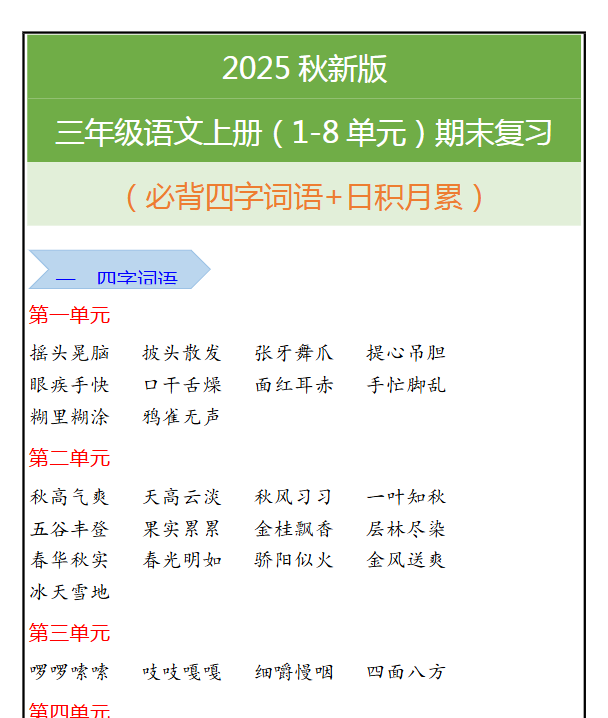 【2025秋新版】三年级语文上册（1-8单元）期末复习-开学吧