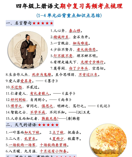 【5页完整版】四上丨语文 期中复习高频考点梳理-开学吧