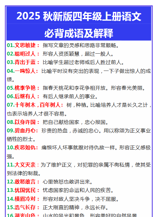 【2025秋新版】四年级上册语文必背成语及解释-开学吧