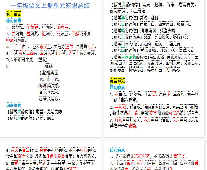 【10页完整版】一年级语文上册单元必考总结-开学吧