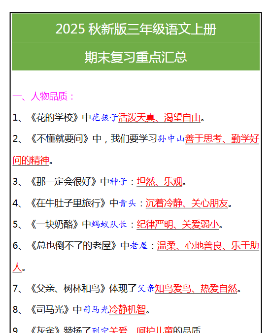 【2025秋新版】三年级语文上册期末复习重点汇总-开学吧