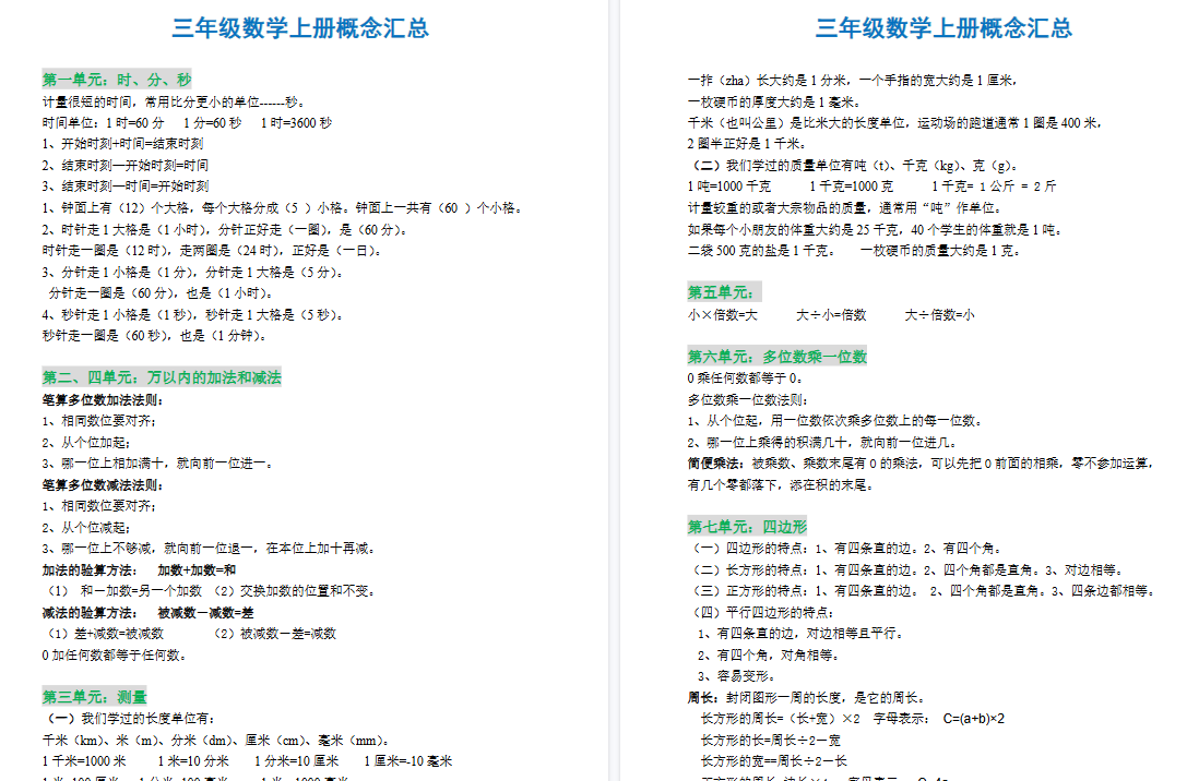 【3页高清完整版】三年级【人教版】概念汇总 三年级上册-小初高学习资料下载_真题试卷 - 开学吧资料库