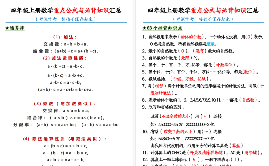 【10页高清完整版】四年级上册数学【重点公式与必背知识汇总】-小初高学习资料下载_真题试卷 - 开学吧资料库