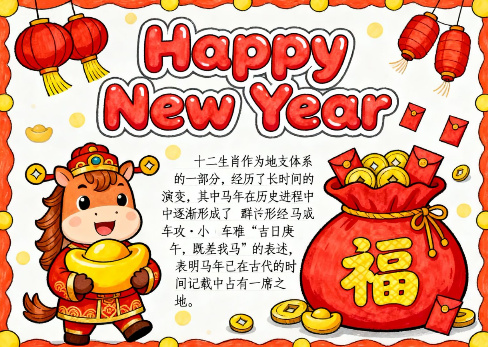 英文版马年新年快乐2026手抄报-高清可直接打印无水印版本-开学吧