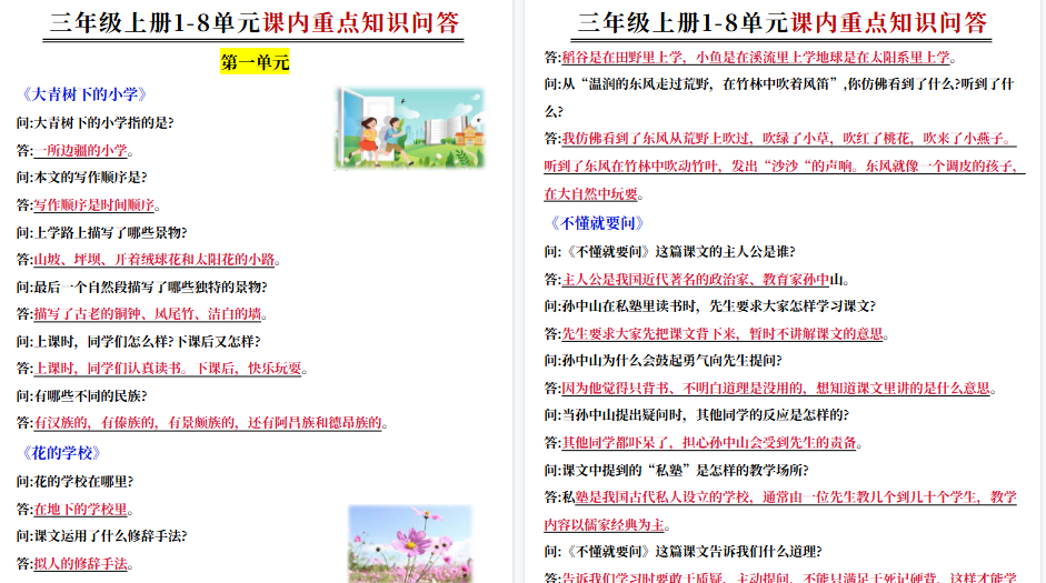 【15页高清完整版】三年级上册语文课内重点知识问答-小初高学习资料下载_真题试卷 - 开学吧资料库