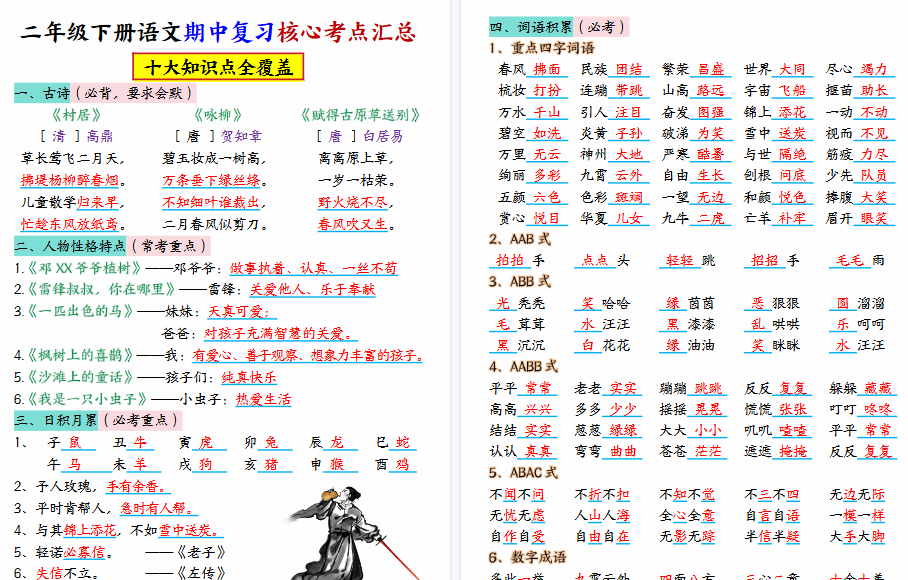 【2026春13页完整版】二下语文期中复习核心考点汇总(10大知识点)-小初高学习资料下载_真题试卷 - 开学吧资料库