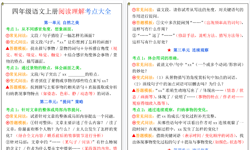【5页高清完整版】四上语文1-8单元阅读理解考点大全-小初高学习资料下载_真题试卷 - 开学吧资料库