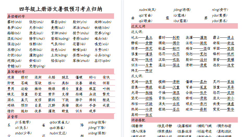 【26页高清完整版】四（上）语文暑假预习考点归纳（精编）-小初高学习资料下载_真题试卷 - 开学吧资料库