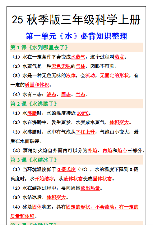 【2025秋新版】三年级上册科学第一单元《水》必背知识整理-开学吧