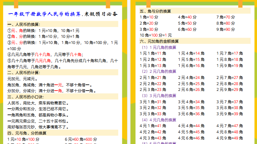 【2026寒假5页】一年级下册数学人民币的换算.寒假预习必备-小初高学习资料下载_真题试卷 - 开学吧资料库