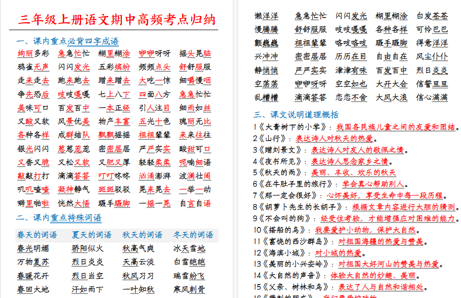 【5页高清完整版】三（上）语文全册高频考点归纳-小初高学习资料下载_真题试卷 - 开学吧资料库