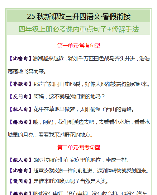 【2025秋新版】四年级上册必考课内重点句子+修辞手法-开学吧