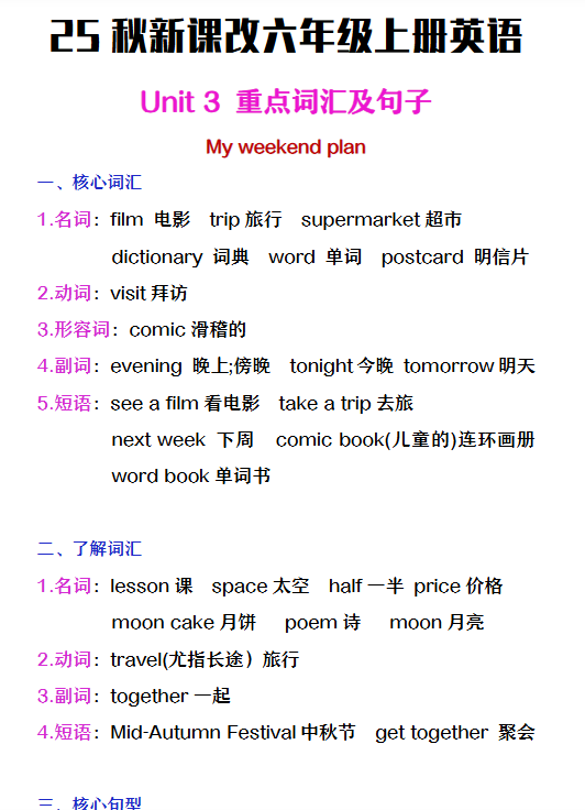 【2025秋新版】六年级上册英语第三单元中的概念词汇及句子-开学吧